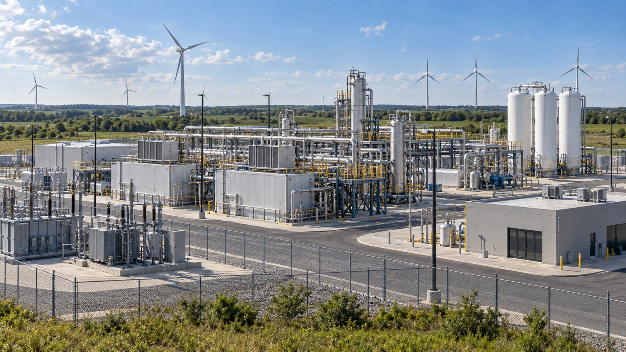 Process plant with storage tanks and wind turbines on the horizon